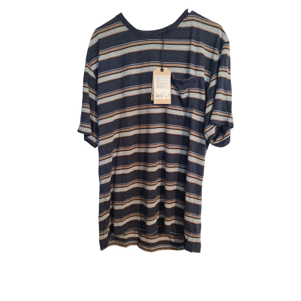 PrAna NWT Mens XXL Cardiff Pocket Short Sleeve T Shirt Blue Striped Hemp Blend